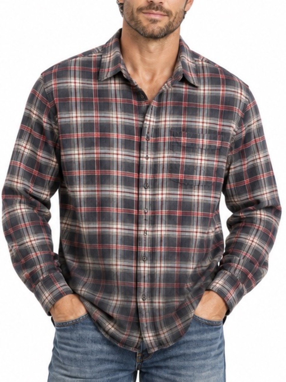 GRAY Saks Fifth Avenue Mens XL Plaid Ombre Button Up Flannel Long Sleeve Shirt